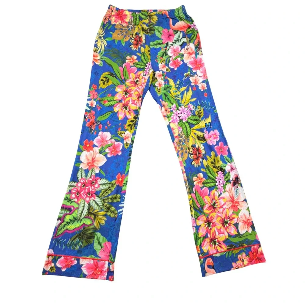 Johnny Was Tropical Flamingo Pajama Set Blue Floral Pima Cotton Modal XS